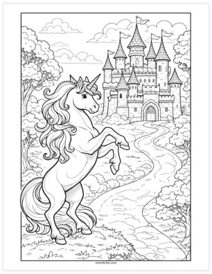 unicorn and fairy tale castle coloring page