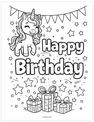 unicorn birthday banner coloring page for kids party