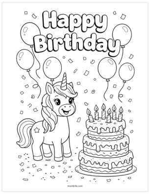 unicorn birthday cake coloring page with Happy Birthday text