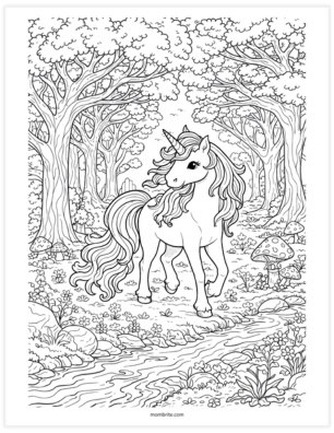 unicorn in enchanted forest detailed coloring page
