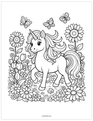 unicorn in flower garden coloring page