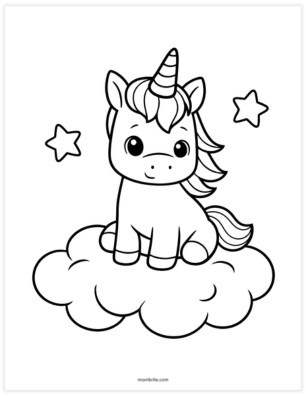 unicorn on a cloud coloring sheet for young kids