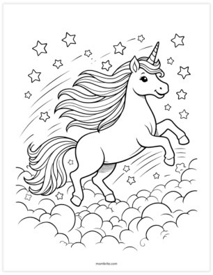unicorn running through clouds coloring sheet