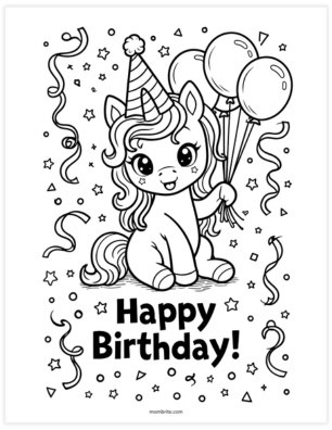 unicorn with party hat and balloons coloring sheet