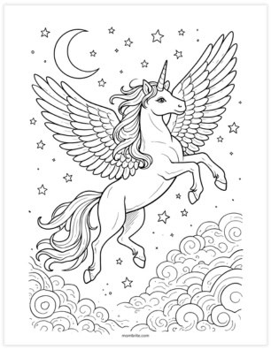 winged unicorn alicorn coloring page flying through starry sky