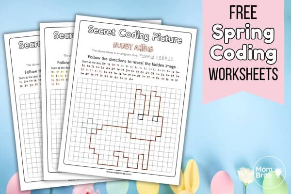 Completed spring coding worksheet showing a bunny rabbit drawn on a grid by following directional arrows