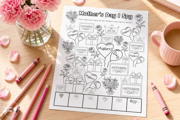 Black-and-white Mother's Day I Spy coloring page printable with balloons, gifts, and roses for kids to color and search
