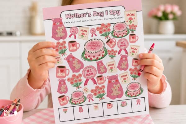Color version of the Mother's Day I Spy game printable featuring pink bears, cakes, and bouquets for kids to find and count