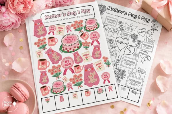 Mother's Day I Spy printable activity for kids with a Mother's Day cake, mama bear, and pink carnations to find