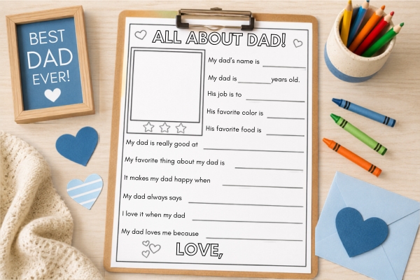 Free All About My Dad printable with fill-in-the-blank questions for kids