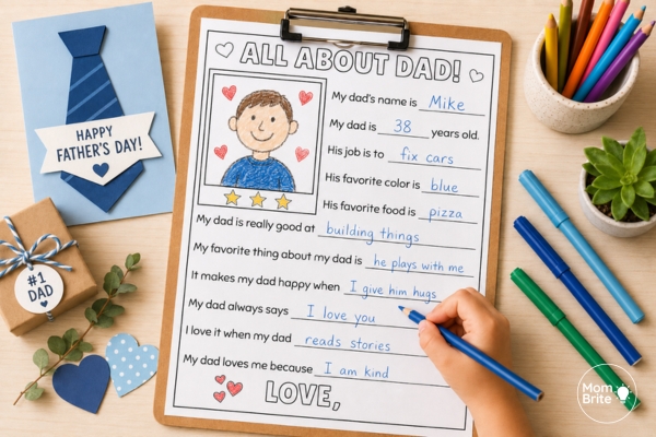 Kid filling out All About My Dad printable for Father's Day gift