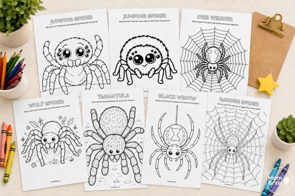 Seven printable spider coloring pages for kids arranged on a light wood table with crayons, colored pencils, plants, and a clipboard.