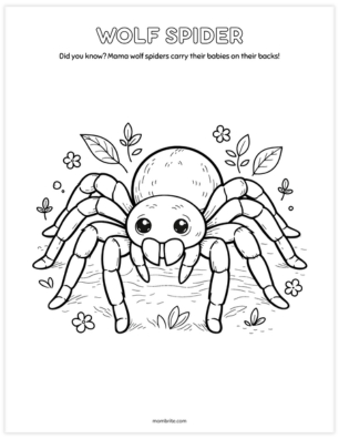 Cute wolf spider coloring page with the spider standing in grass surrounded by leaves and flowers