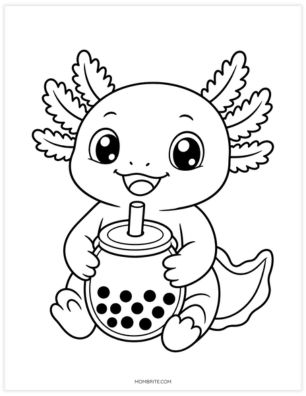 kawaii axolotl with boba tea coloring page