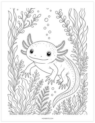 realistic axolotl with plants coloring page