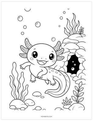 axolotl by a cave coloring page