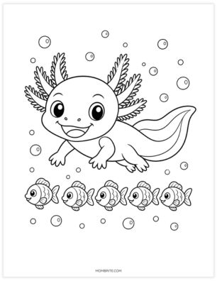axolotl with fish coloring page