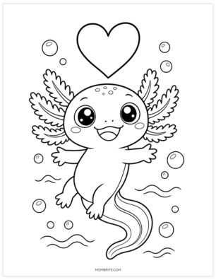 happy axolotl coloring page with heart