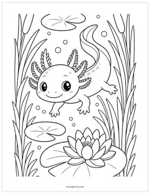 axolotl swimming with lily pads coloring page