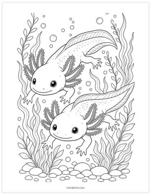 two realistic axolotls coloring page