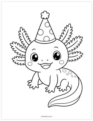 axolotl with party hat coloring page