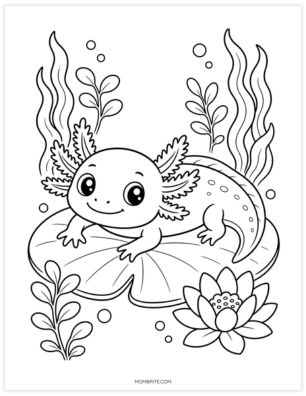 axolotl resting on plant coloring page