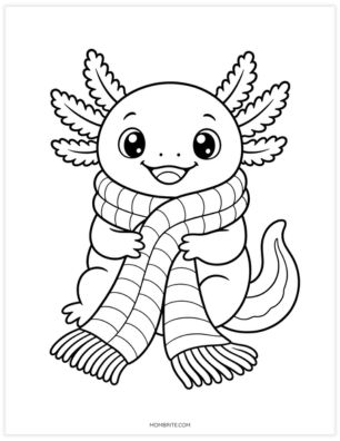 cozy axolotl in scarf coloring page