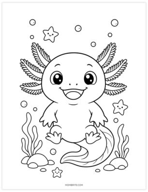 smiling axolotl coloring page for toddlers