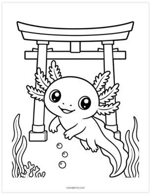 axolotl near torii gate coloring page