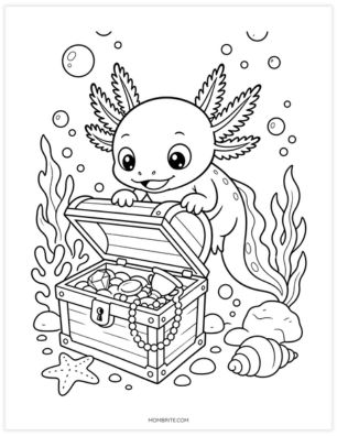 axolotl with treasure chest coloring page