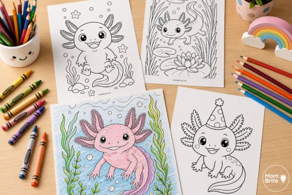 axolotl coloring pages for kids mockup on table with crayons and coloring pencils