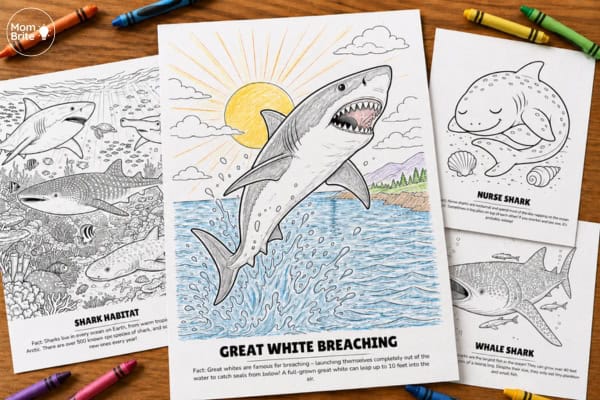 shark coloring pages for kids partially colored on a wood table with crayons scattered