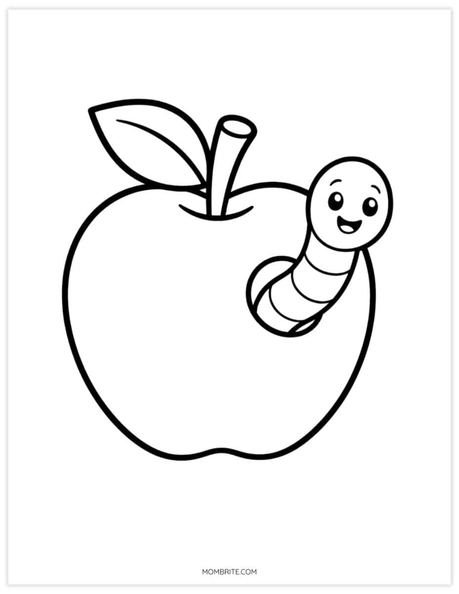 apple with cute worm coloring page for little kids