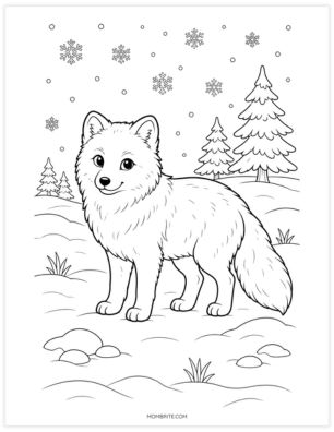Arctic fox in the snow coloring page