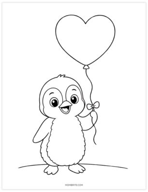 Baby penguin holding a heart balloon coloring page
