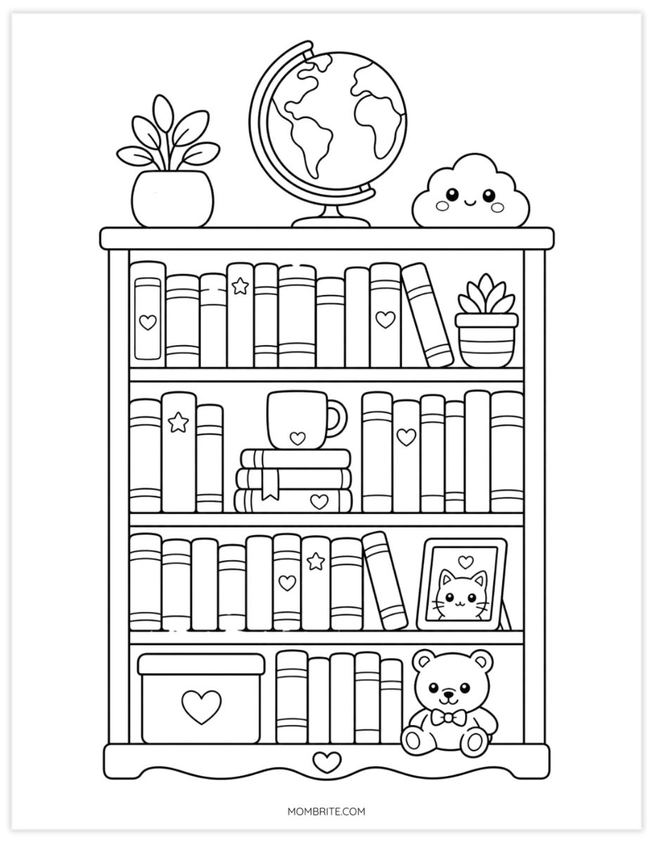 bookshelf and globe coloring page for kids