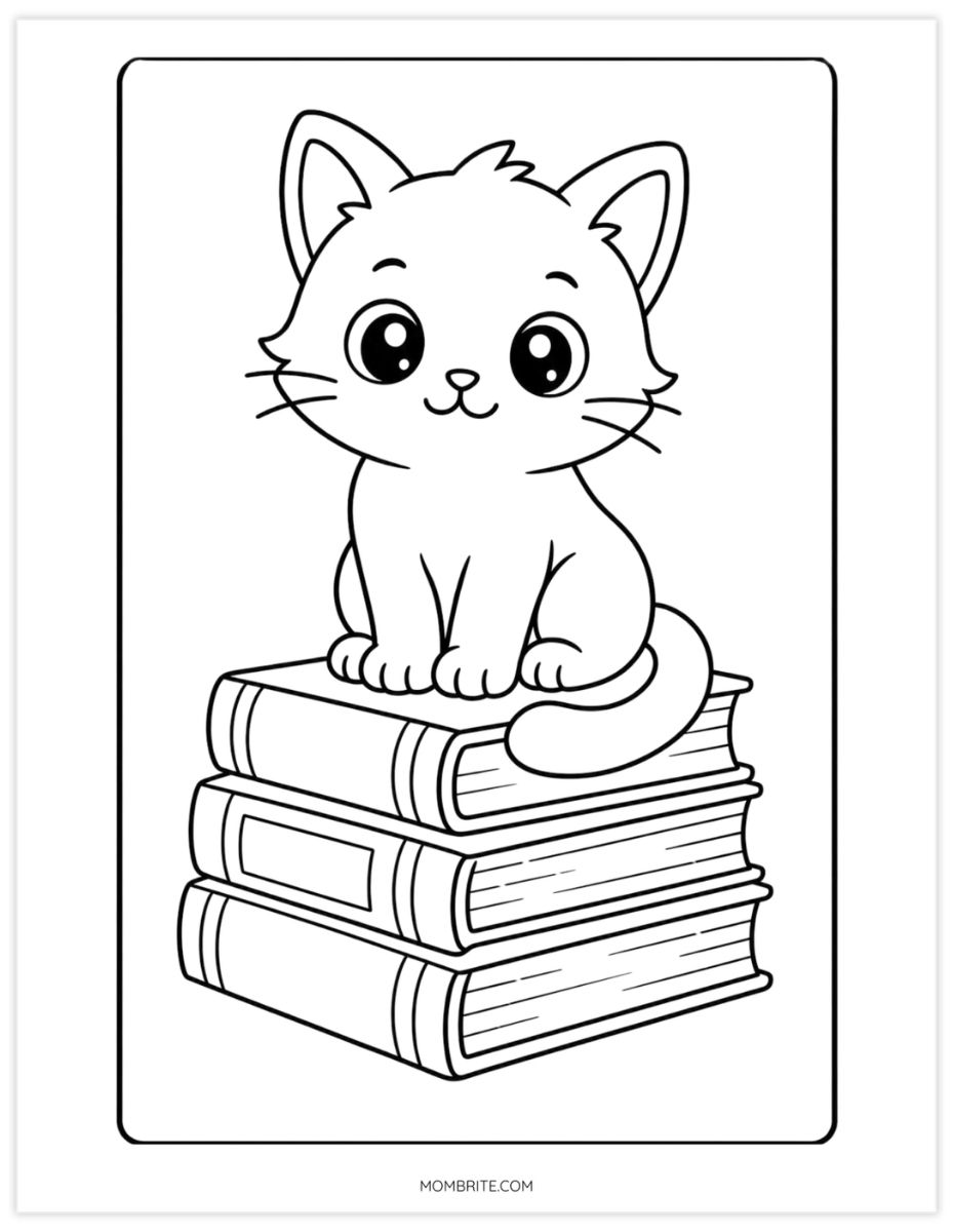 cat sitting on textbooks coloring page