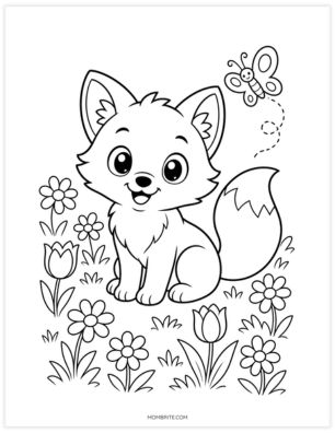 Cute chibi fox sitting in a field of flowers coloring page