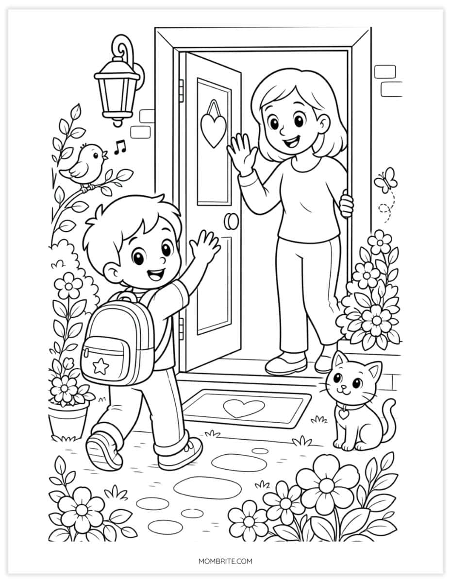 child waving goodbye on first day of school coloring page