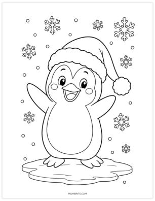 Christmas penguin wearing a Santa hat coloring page