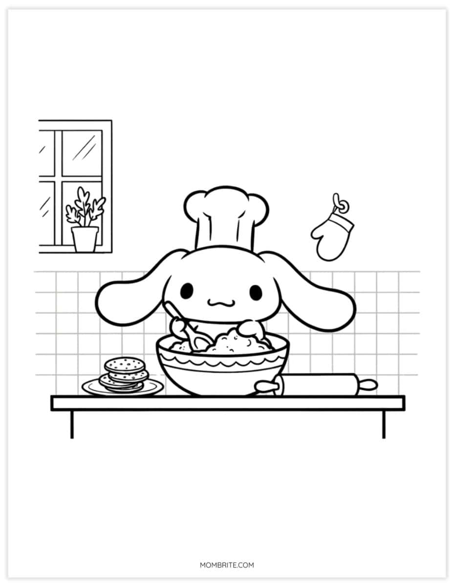 Cinnamoroll coloring page of the puppy baking with a mixing bowl and chef hat