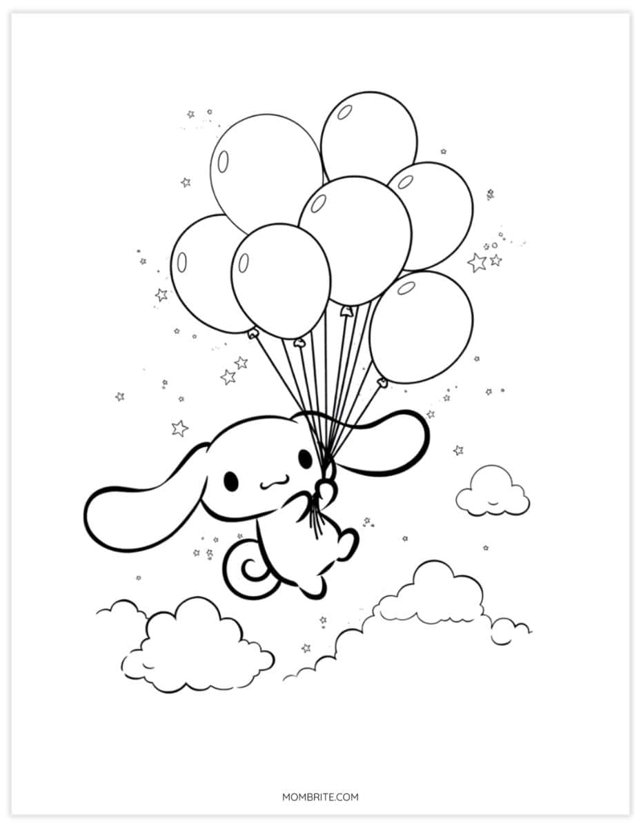 Cinnamoroll coloring page of the puppy floating with a bunch of balloons