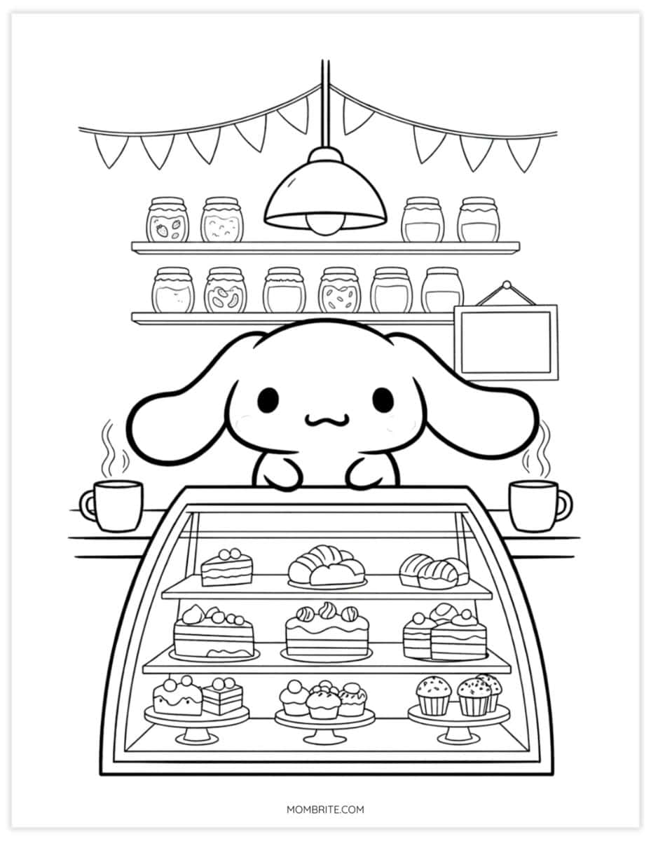 Detailed Cinnamoroll coloring page of a café pastry counter with cakes and mugs