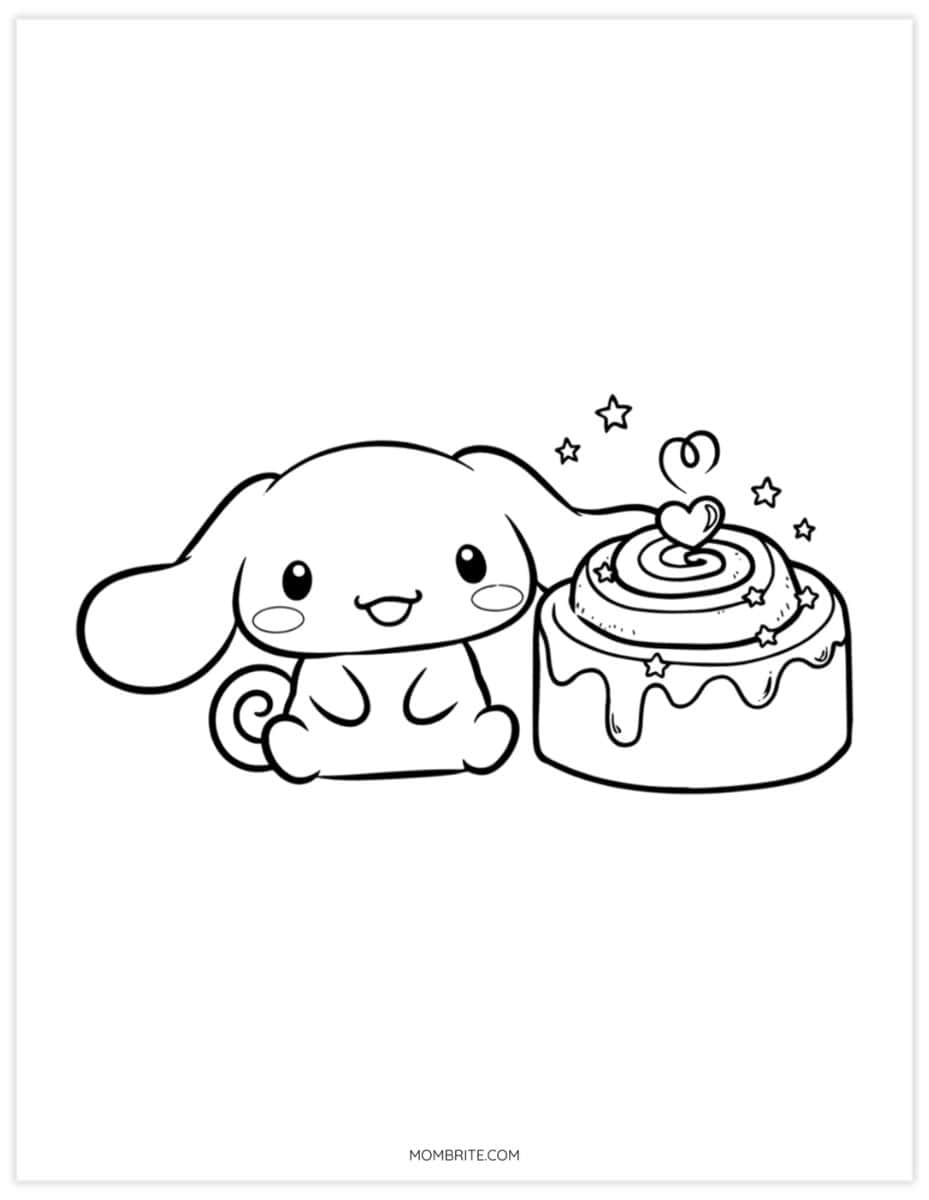 Cinnamoroll coloring page with a giant cinnamon roll pastry