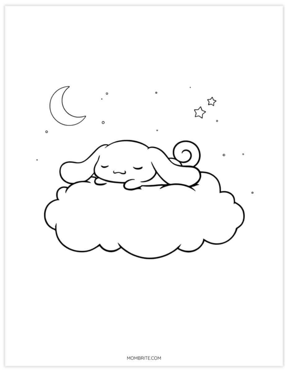 Cinnamoroll coloring page of the puppy napping on a fluffy cloud