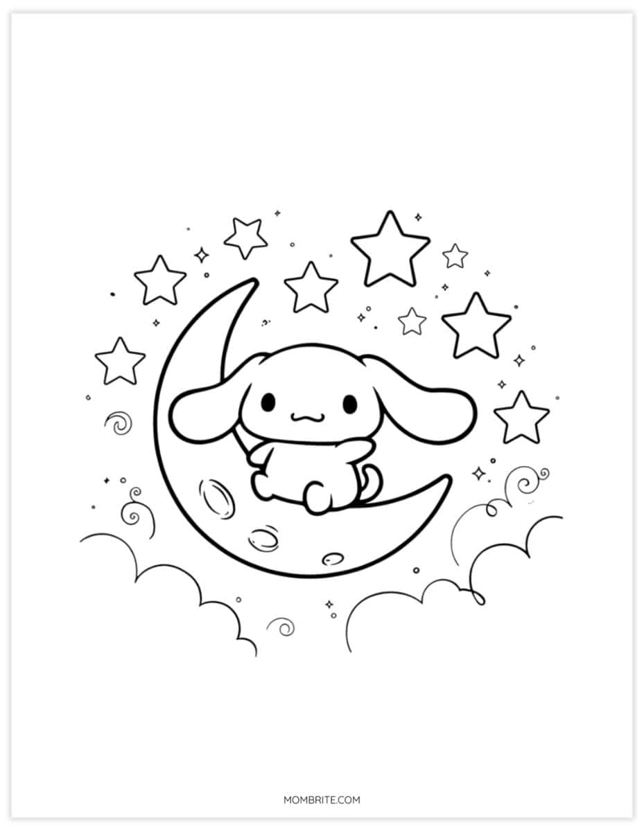 Cinnamoroll coloring page of the puppy stargazing on a crescent moon