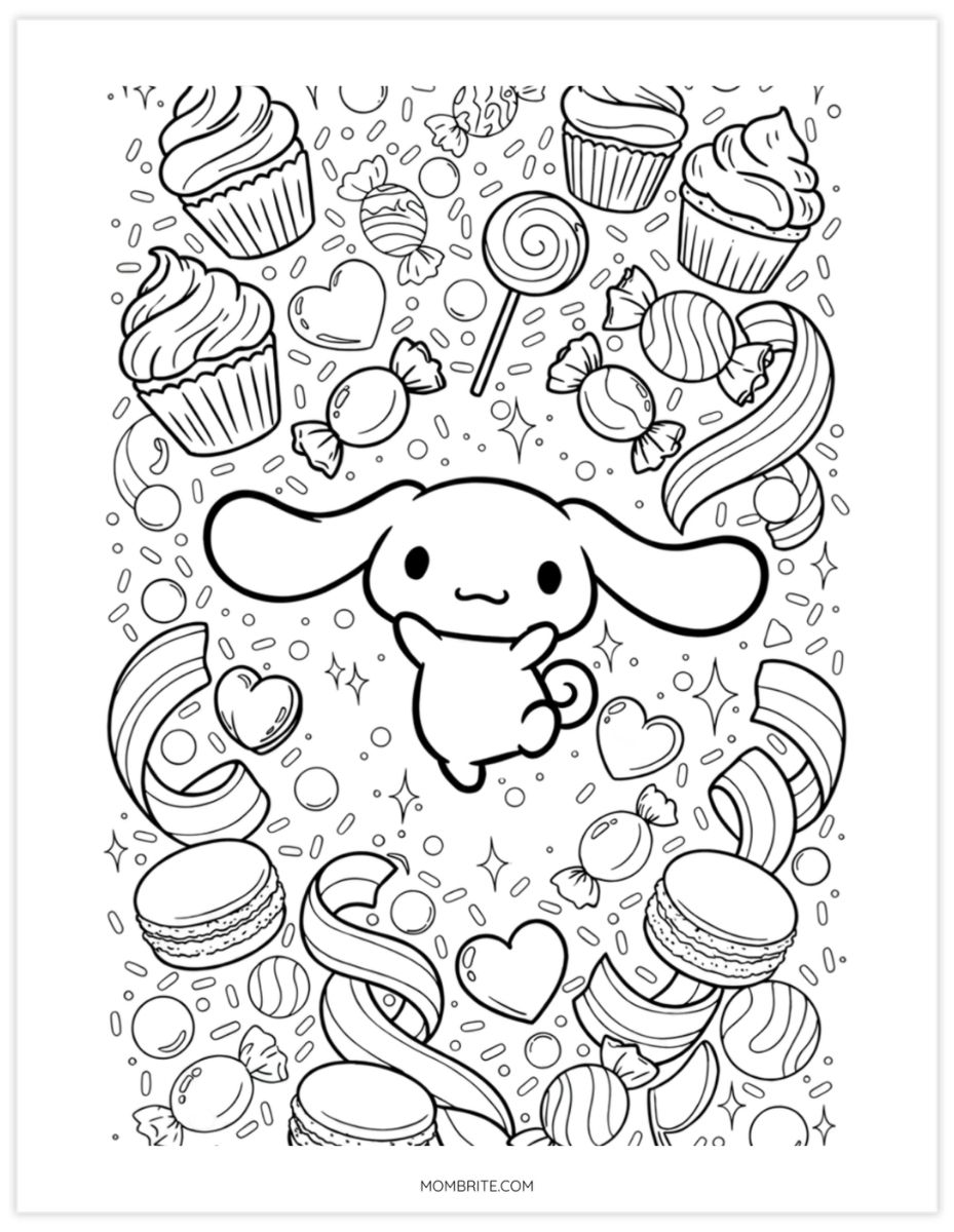 Cinnamoroll coloring page surrounded by cupcakes, macarons, and sweets
