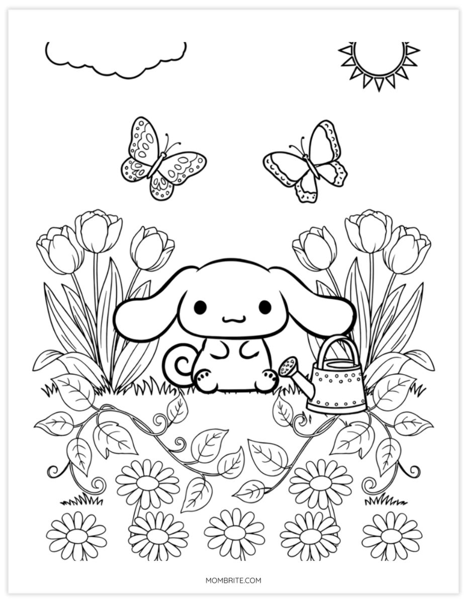 Cinnamoroll coloring page of a flower garden with tulips and butterflies