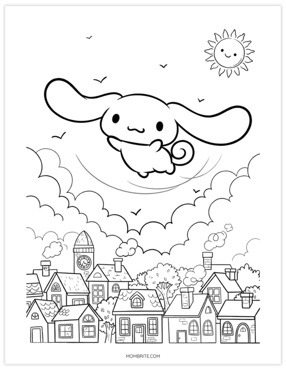 Detailed Cinnamoroll coloring page of the puppy flying over town rooftops