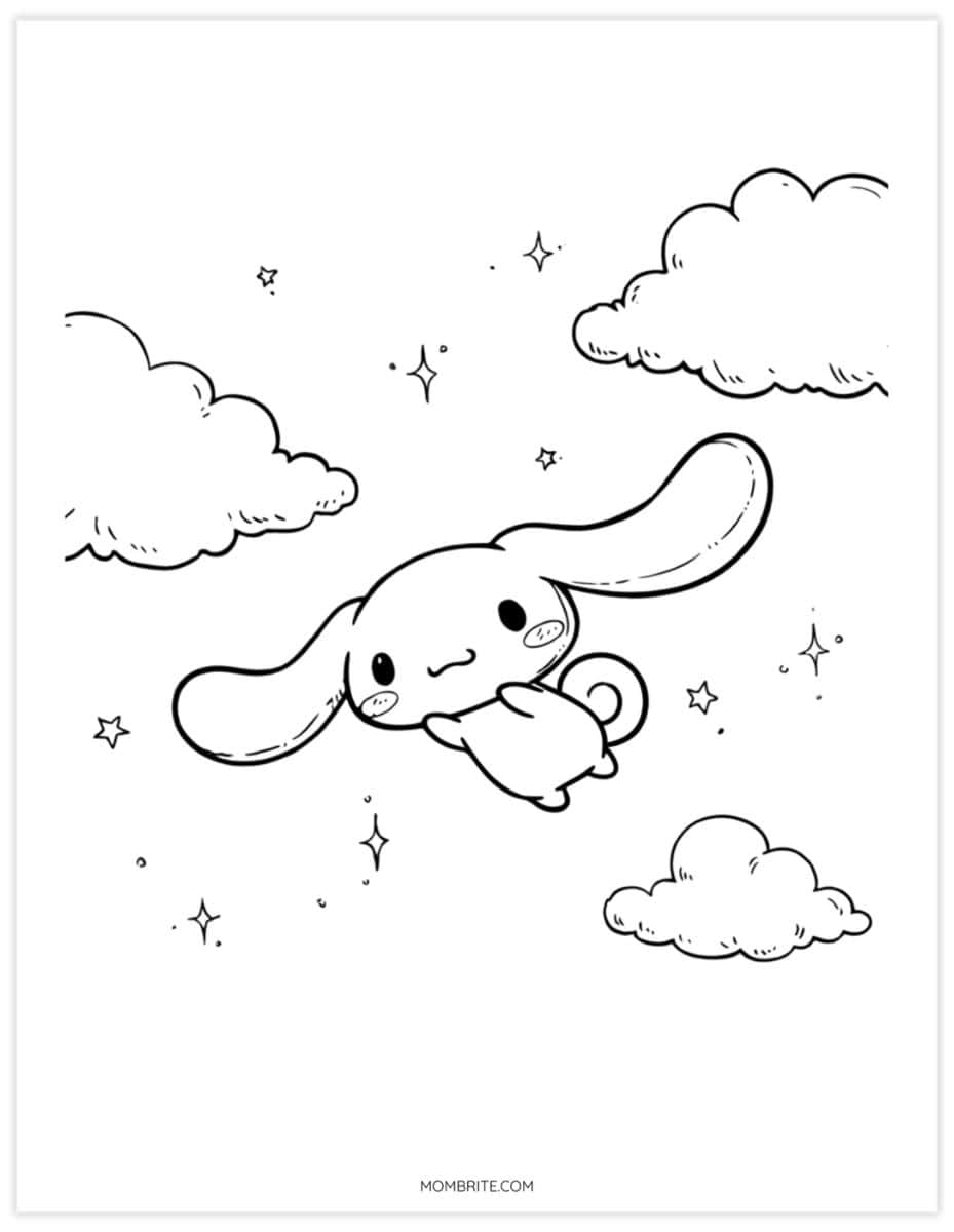 Cinnamoroll coloring page of the puppy flying through clouds and stars